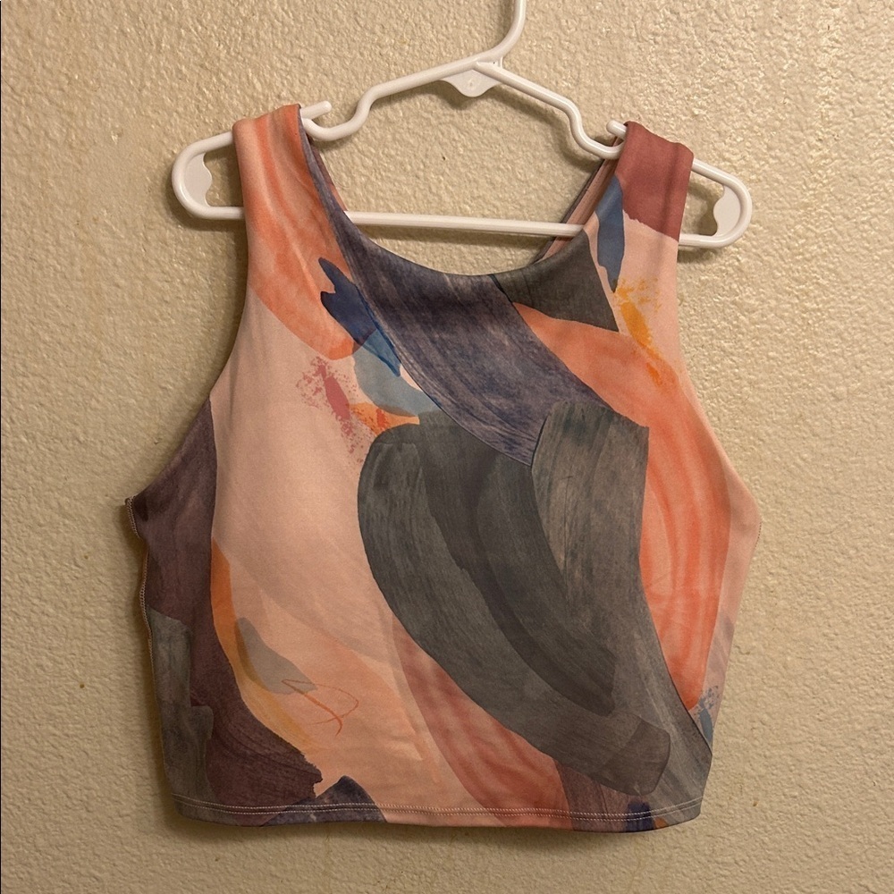 Athleta Crop Tank Sports Bra Abstract Pink Purple Shelf Bra Built-In Size Small